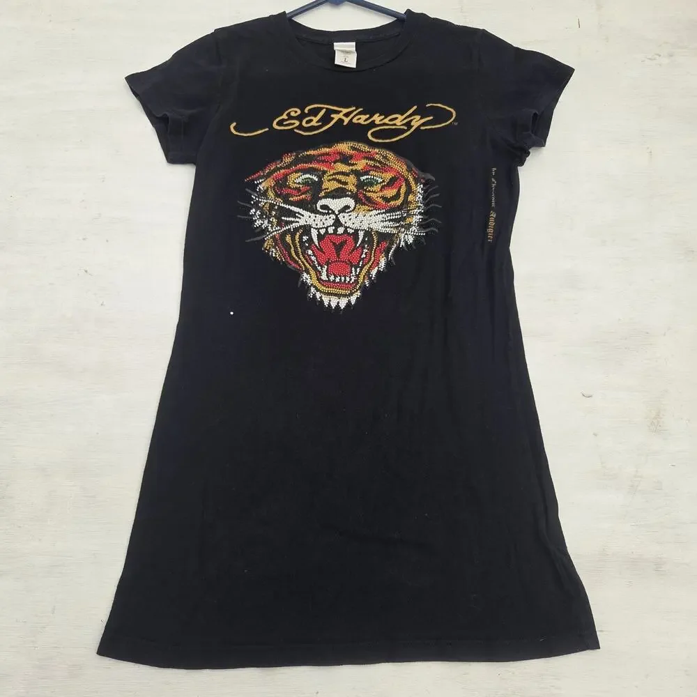 Ed Hardy T Shirt Dress Womens L Black Tiger Rhinestone Graphic Double Sided
